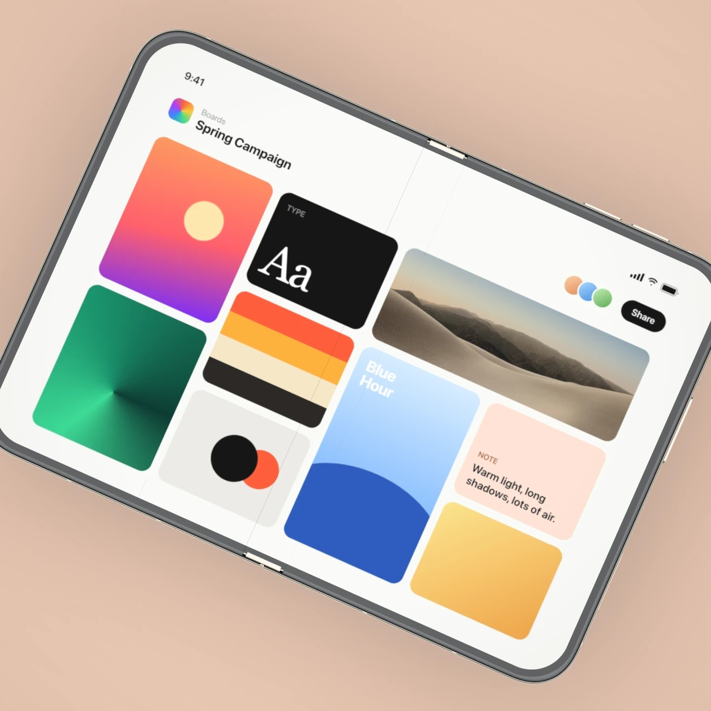 Flat lay — Straight down on a Duo lying flat and open, cropped past its edges on a coloured ground.