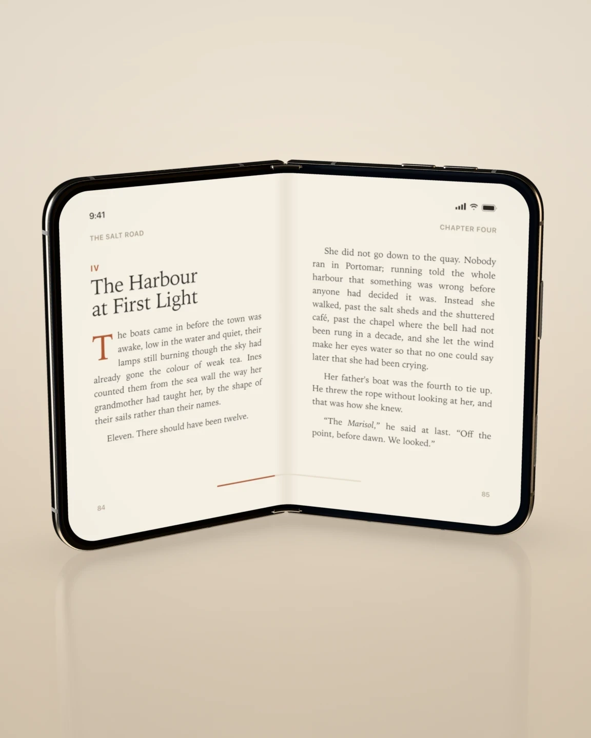 Reader — Held open like a book, so the two halves of the inner display read as facing pages.